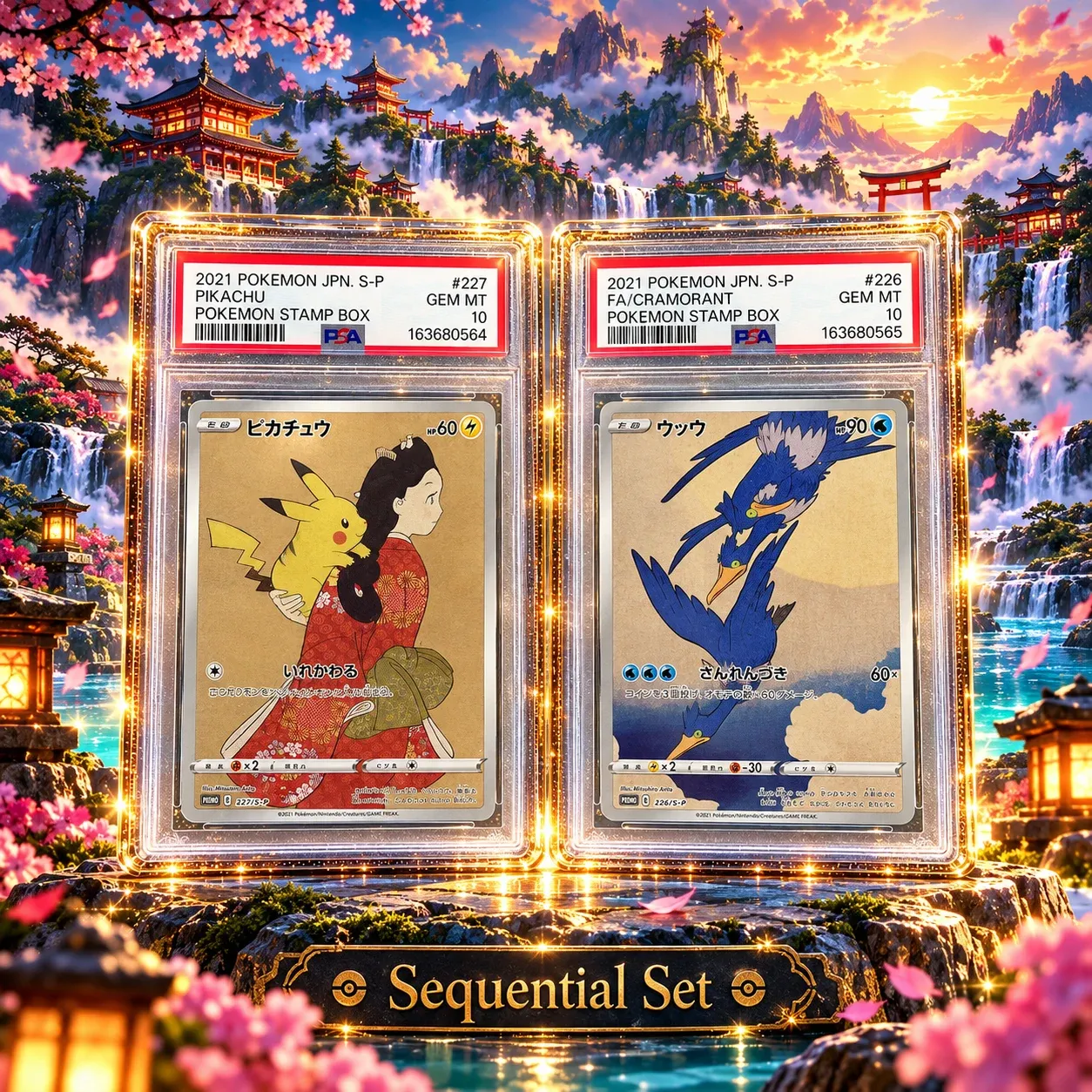 Pikachu & Cramorant, Stamp Box, JPN (2021), sequential set, PSA 10